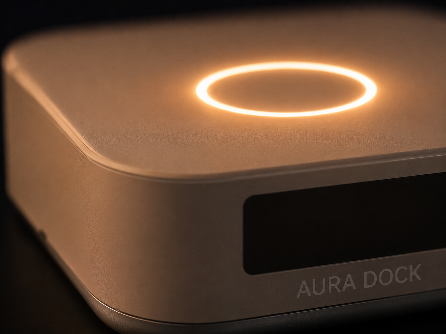 Aura Dock 香槟色机身与顶部灯环的材质微距特写