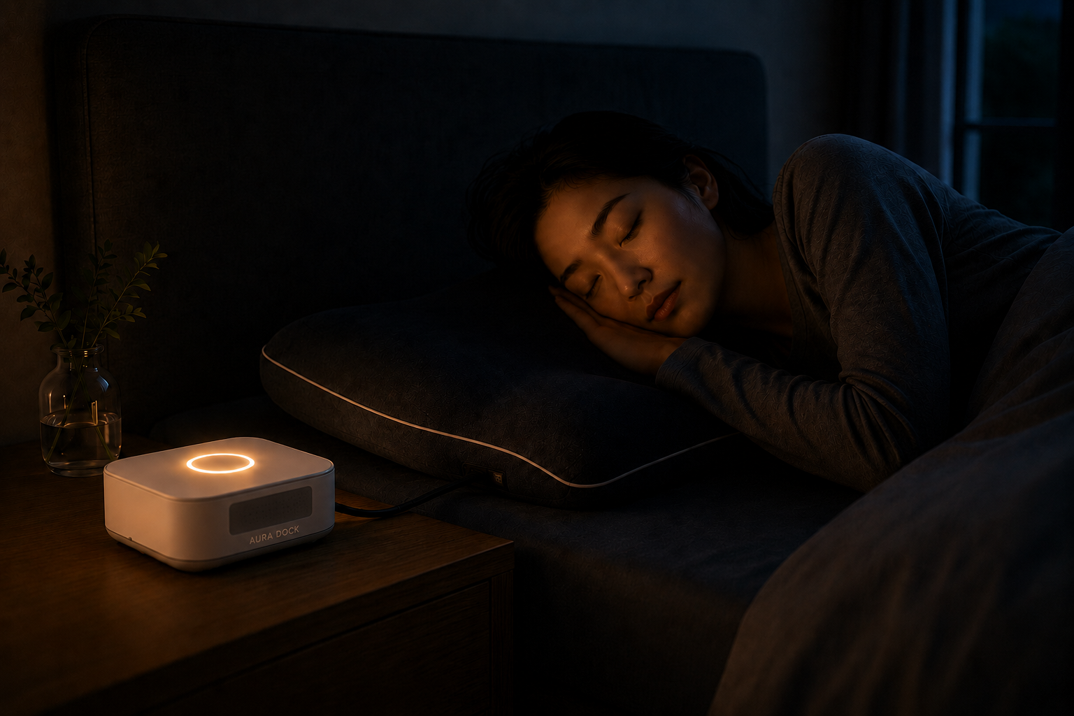 Aura Pillow 在安静卧室中陪伴用户入睡