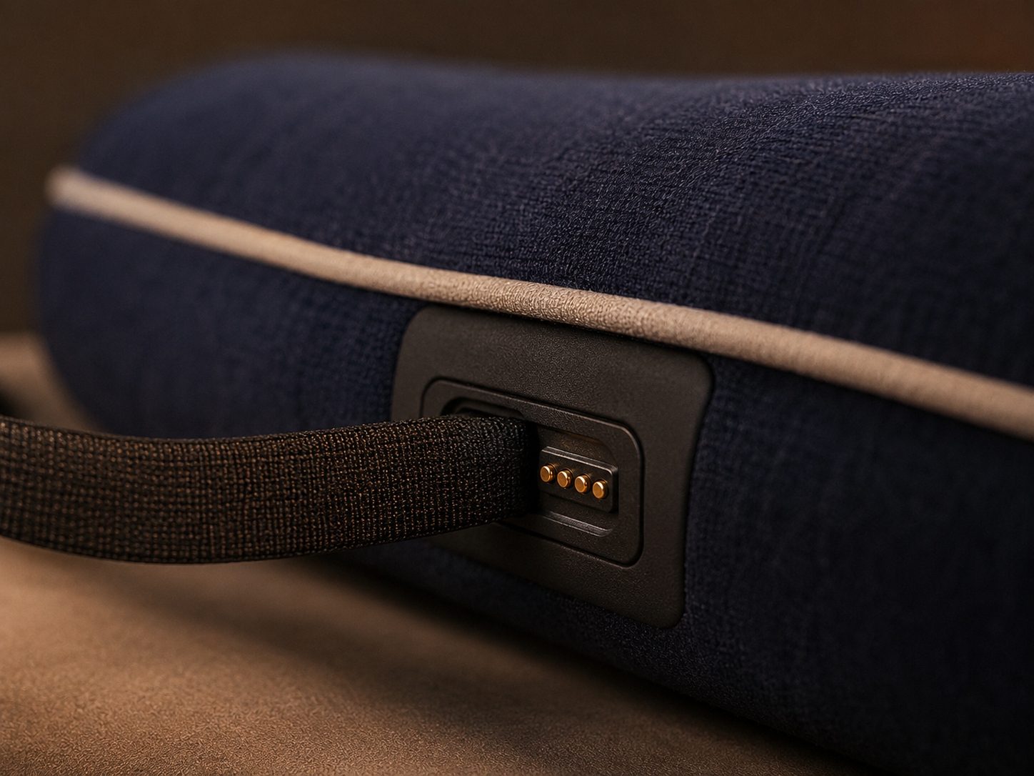 Aura Pillow 侧面的磁吸接口与扁平织带线缆特写