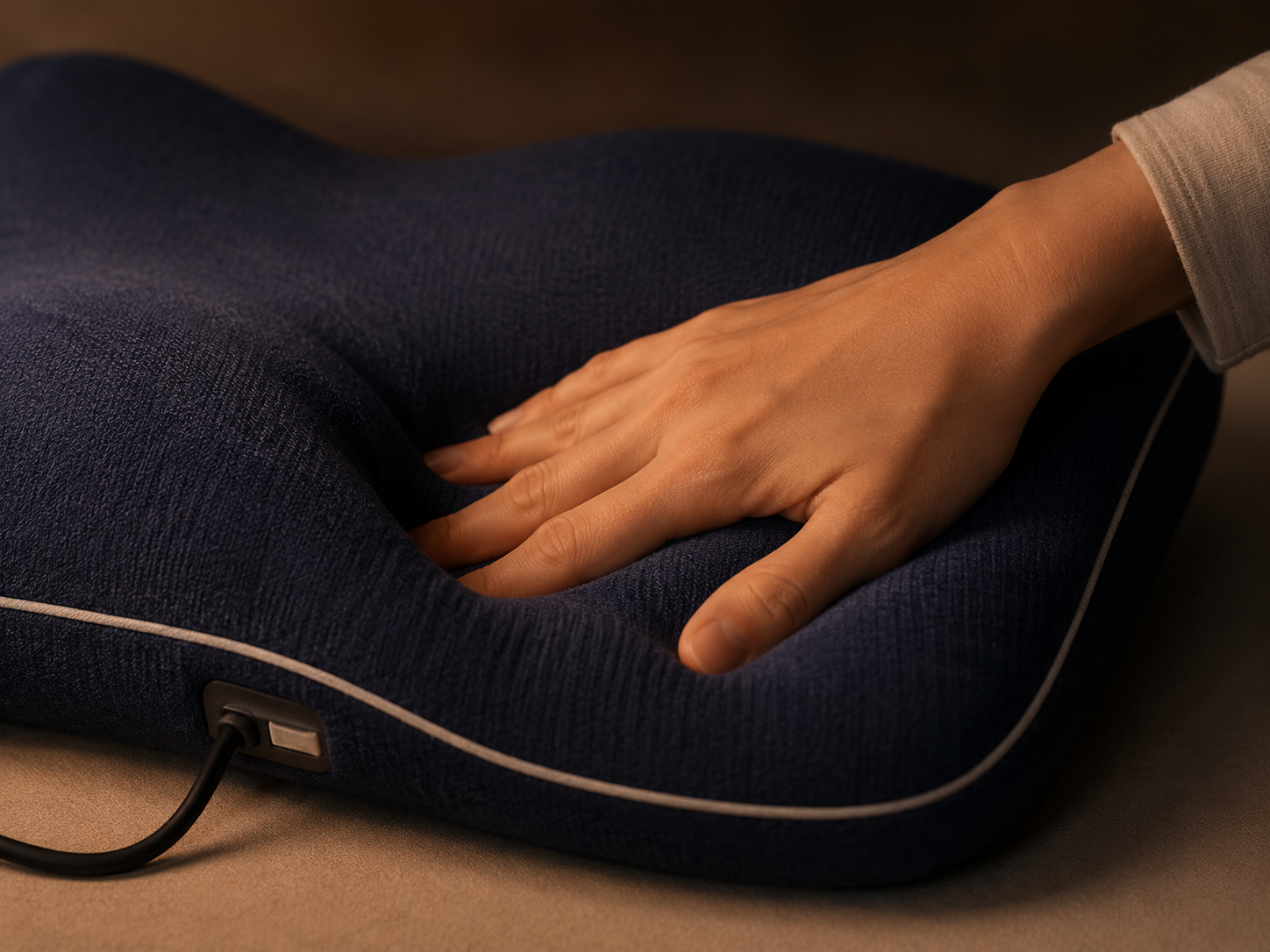 手掌按压 Aura Pillow 枕面，展示织物肌理与慢回弹支撑